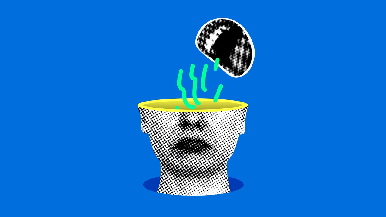 心理健康概念。悲伤的女人和尖叫的嘴。心理治疗。人们的批评。拼贴动画视频素材画面3