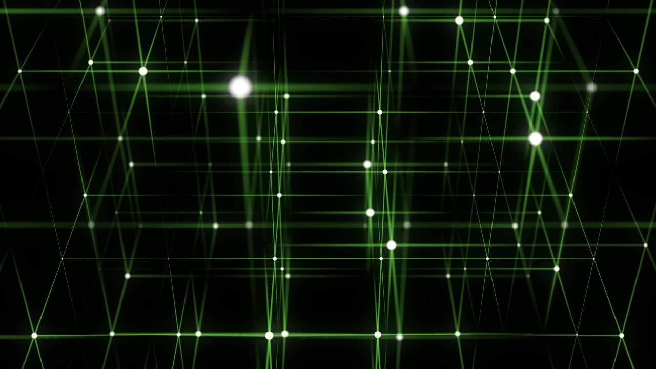 3D未来几何立方体，带有绿点和线条。抽象线框区块链。科学背景。结构技术网络连接。人工智能在黑暗网络空间背景下。3D渲染。视频素材画面1