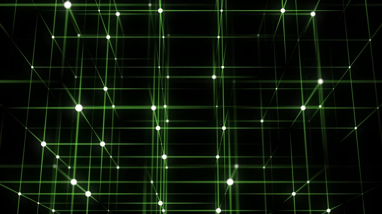 3D未来几何立方体，带有绿点和线条。抽象线框区块链。科学背景。结构技术网络连接。人工智能在黑暗网络空间背景下。3D渲染。视频素材画面2