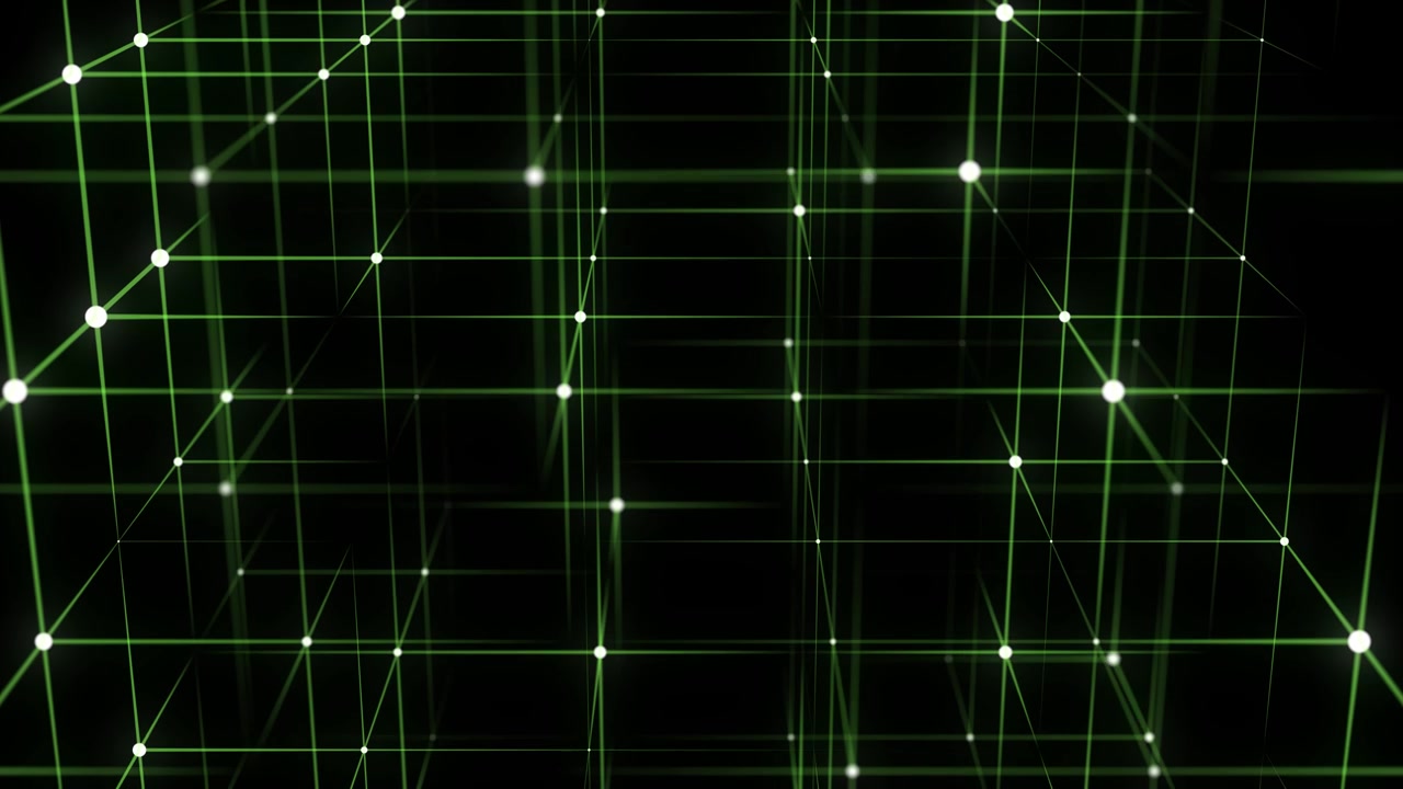 3D未来几何立方体，带有绿点和线条。抽象线框区块链。科学背景。结构技术网络连接。人工智能在黑暗网络空间背景下。3D渲染。视频素材画面3