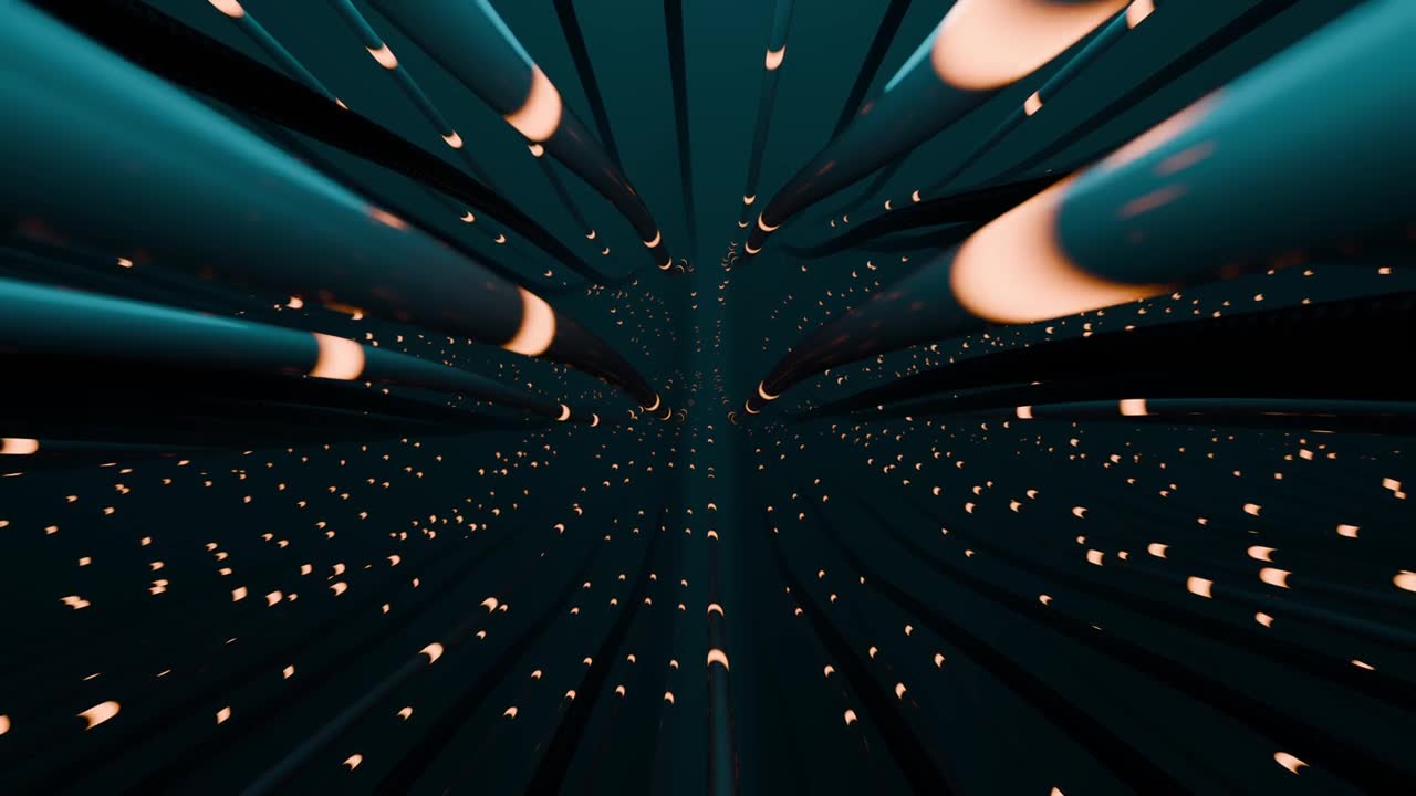 流动的深青色电线组成的无缝循环动画，形似带有橙色发光灯光的电缆。抽象背景，波浪状触手在迷雾空间中平稳漂浮。3D渲染，4K 60fps循环视频素材画面1