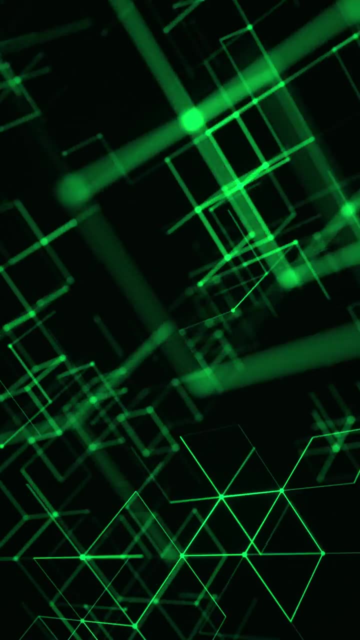 绿色科技立方体在发光的未来主义线框空间中。循环3D渲染视频素材画面1