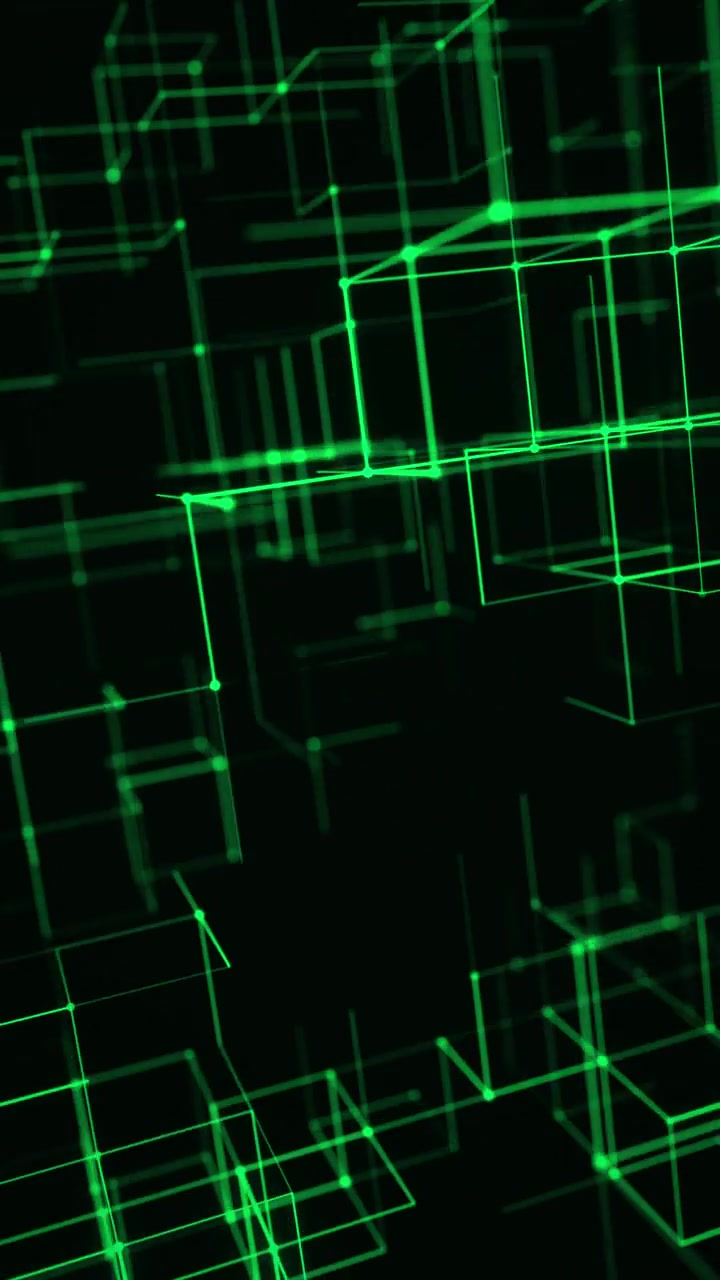 绿色科技立方体在发光的未来主义线框空间中。循环3D渲染视频素材画面2