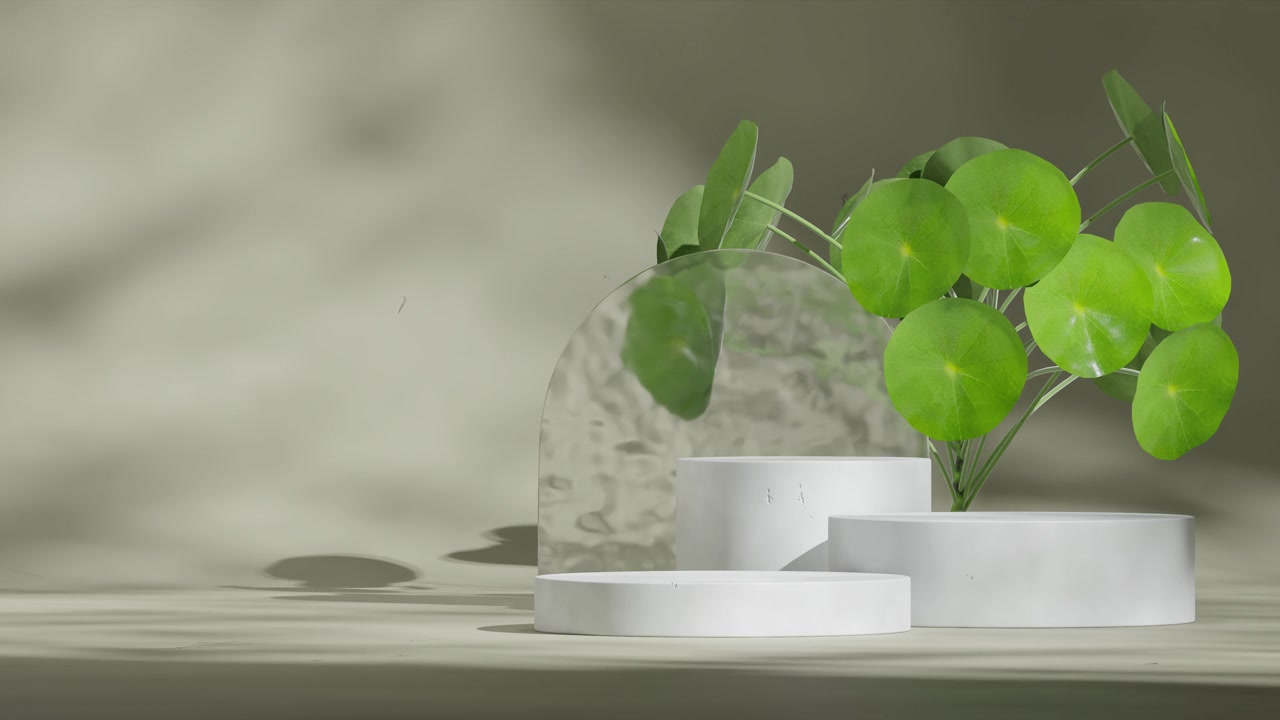 深灰色极简主义墙壁，3D视频渲染的空旷空间，带纹理的灯光照射下的讲台，无缝循环的阴影动画视频素材画面3