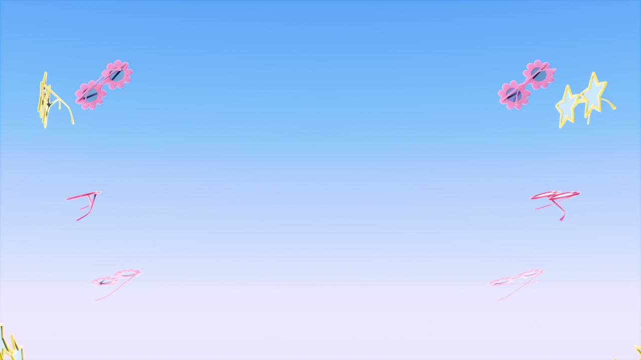 横向抽象3D渲染夏季太阳镜边框促销循环动画，复制空间模板横幅模型背景壁纸，眼镜墨镜星花心泳池派对海滩度假视频素材画面1