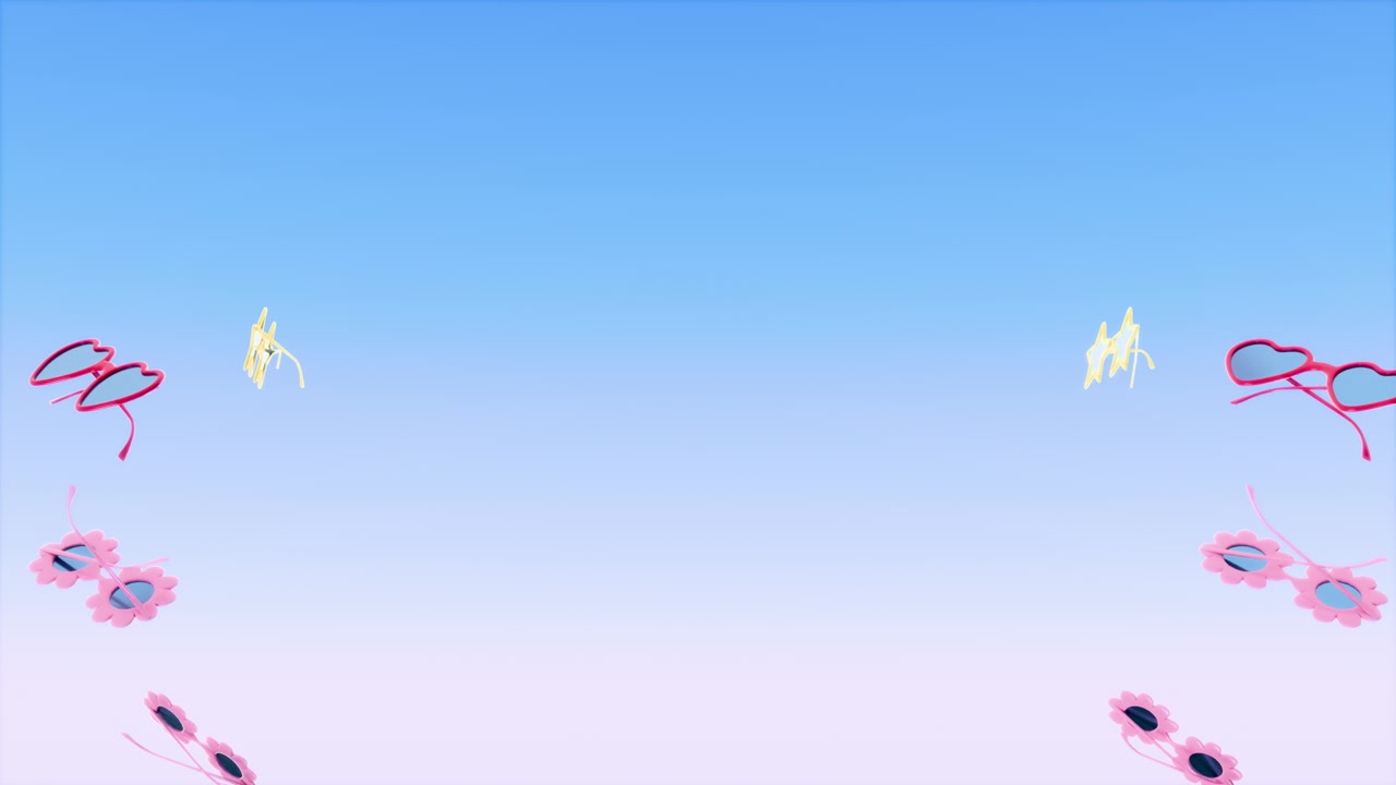 横向抽象3D渲染夏季太阳镜边框促销循环动画，复制空间模板横幅模型背景壁纸，眼镜墨镜星花心泳池派对海滩度假视频素材画面2