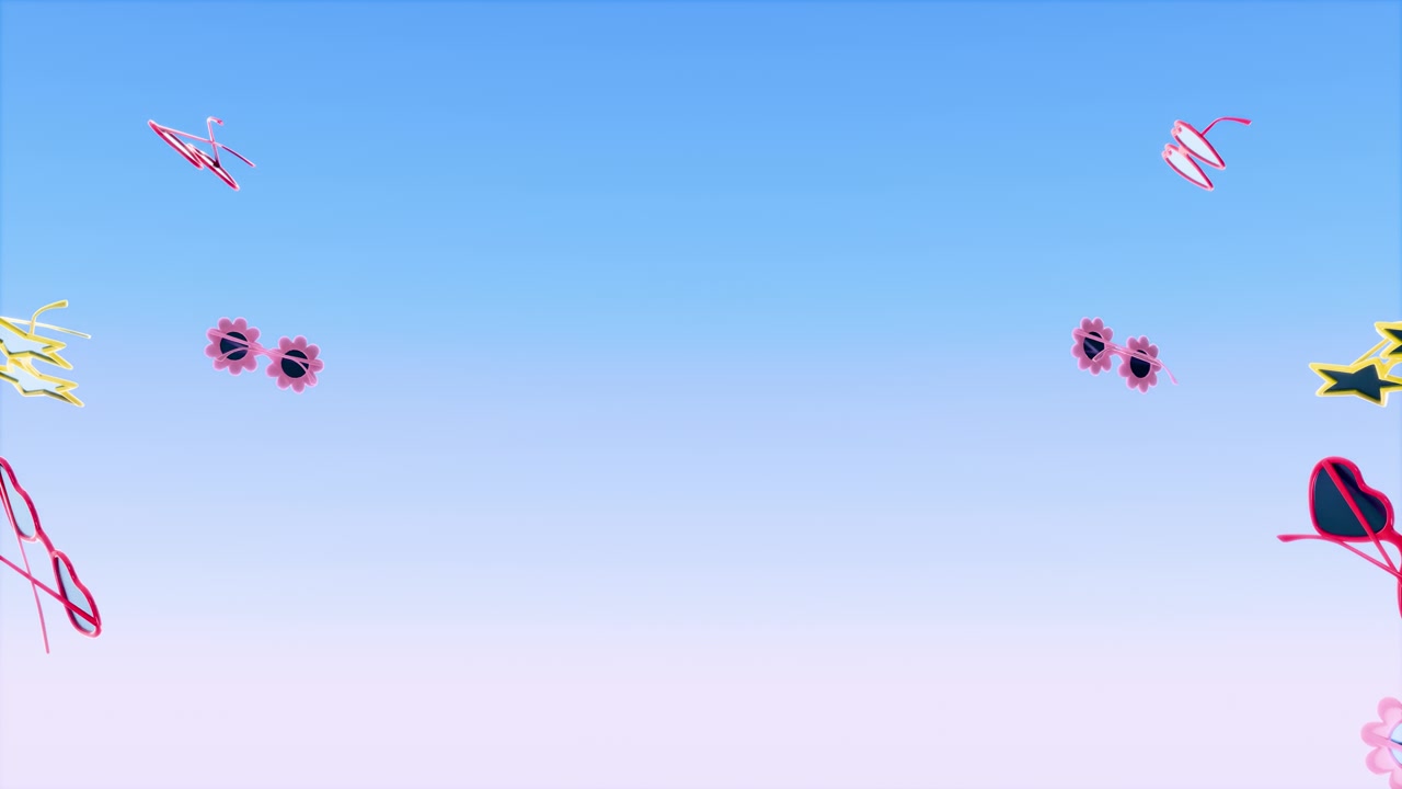 横向抽象3D渲染夏季太阳镜边框促销循环动画，复制空间模板横幅模型背景壁纸，眼镜墨镜星花心泳池派对海滩度假视频素材画面3