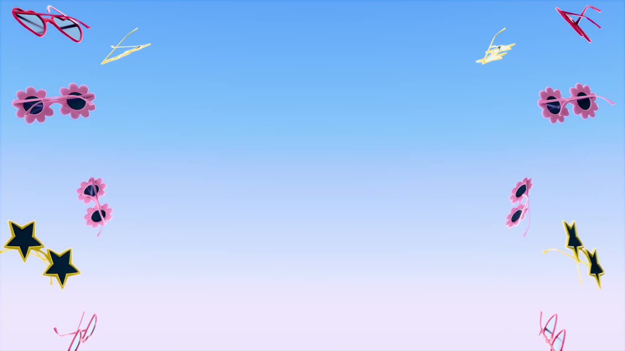 横向抽象3D渲染夏季太阳镜边框促销循环动画，复制空间模板横幅模型背景壁纸，眼镜墨镜星花心泳池派对海滩度假视频素材画面4