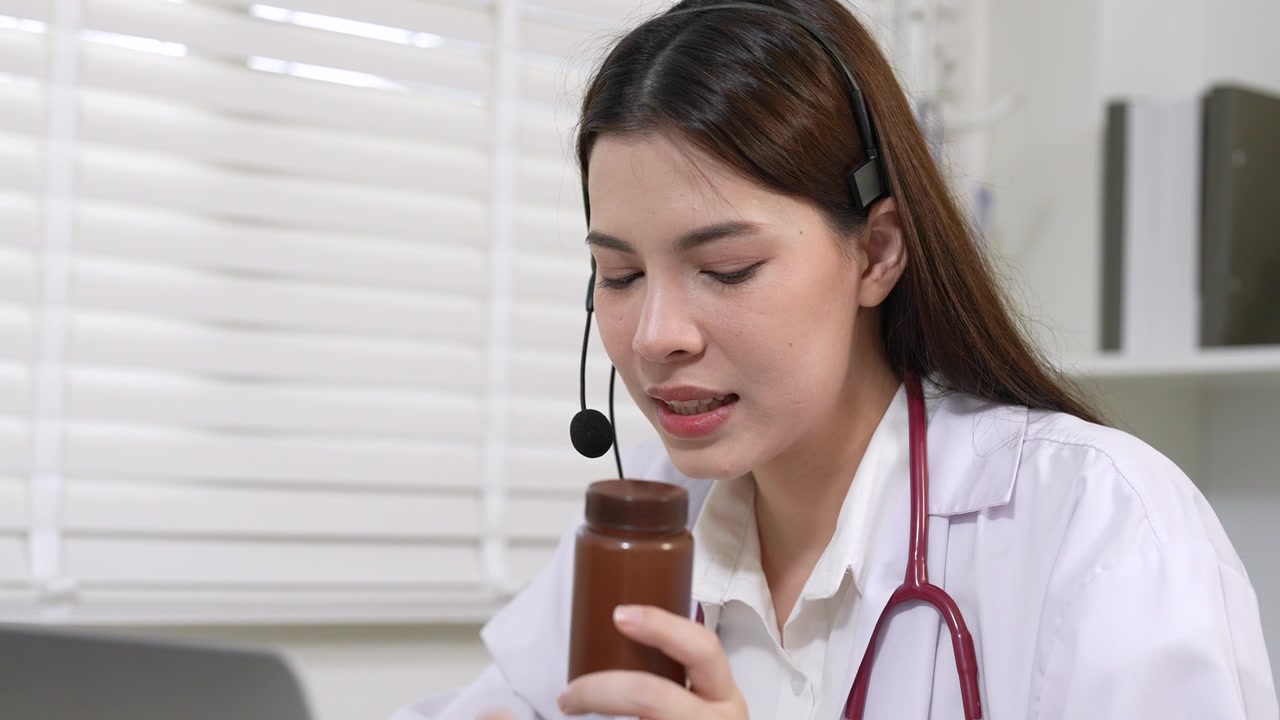 亚洲女医生通过带耳机的在线视频通话讨论药品细节，在远程医疗慢动作环节中清晰展示药瓶，现代数字医疗咨询概念视频素材画面3