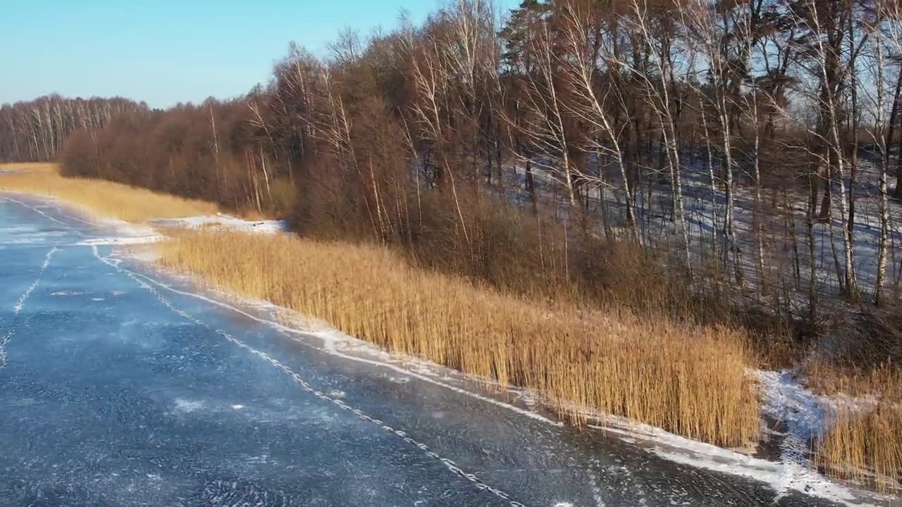 冬季，无人机沿着冰冻的湖面和森林海岸线向前飞行视频素材画面1