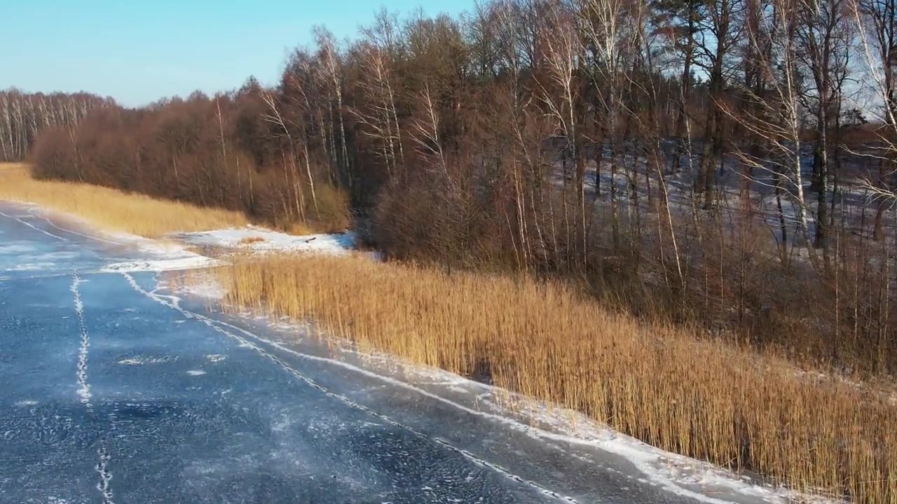 冬季，无人机沿着冰冻的湖面和森林海岸线向前飞行视频素材画面2