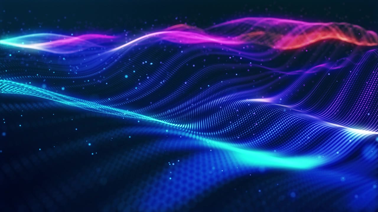 3D渲染粒子背景VJ循环。霓虹粒子波浪划过数字网格，充满活力的蓝粉色丝带在黑暗空间中起伏，细小点状物形成闪闪起伏的网状结构，非常适合俱乐部VJ循环。视频素材画面1