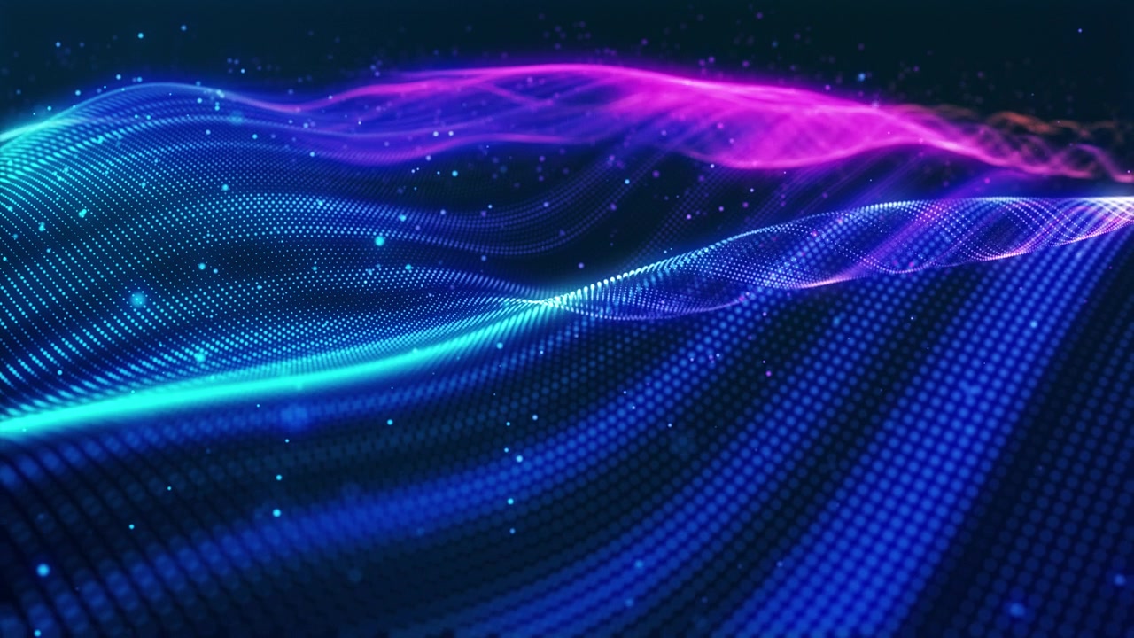 3D渲染粒子背景VJ循环。霓虹粒子波浪划过数字网格，充满活力的蓝粉色丝带在黑暗空间中起伏，细小点状物形成闪闪起伏的网状结构，非常适合俱乐部VJ循环。视频素材画面2