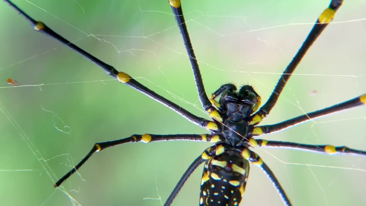 宏观视频：一只巨大的金色圆网蛛（Nephila Pilipes）在绿色森林环境中，于网上用触肢清洁其螯肢的腹面视角视频素材画面2