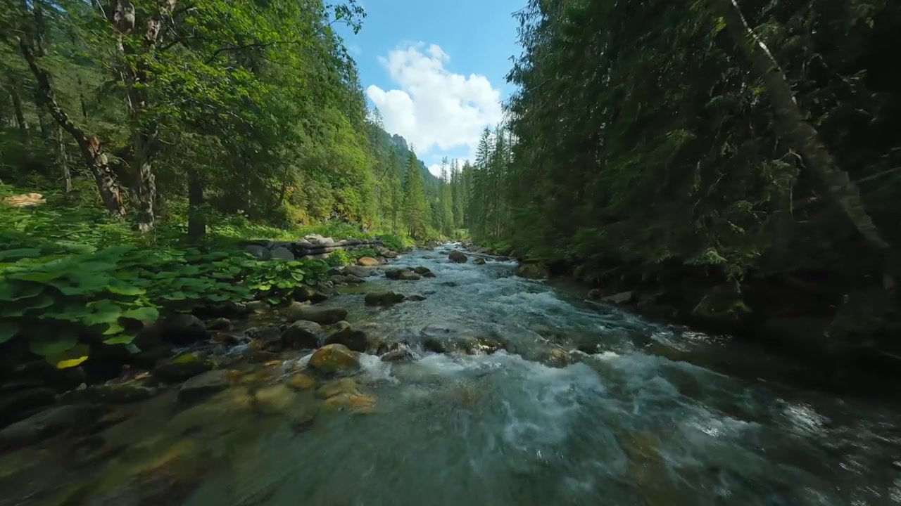 FPV穿越机飞行，掠过山间河流。拍摄于斯洛伐克塔特拉山区。视频素材画面3
