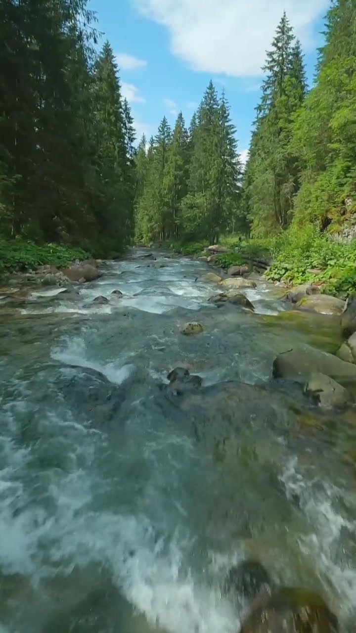 FPV穿越机视角，飞越山间河流。斯洛伐克，塔特拉山。视频素材画面2