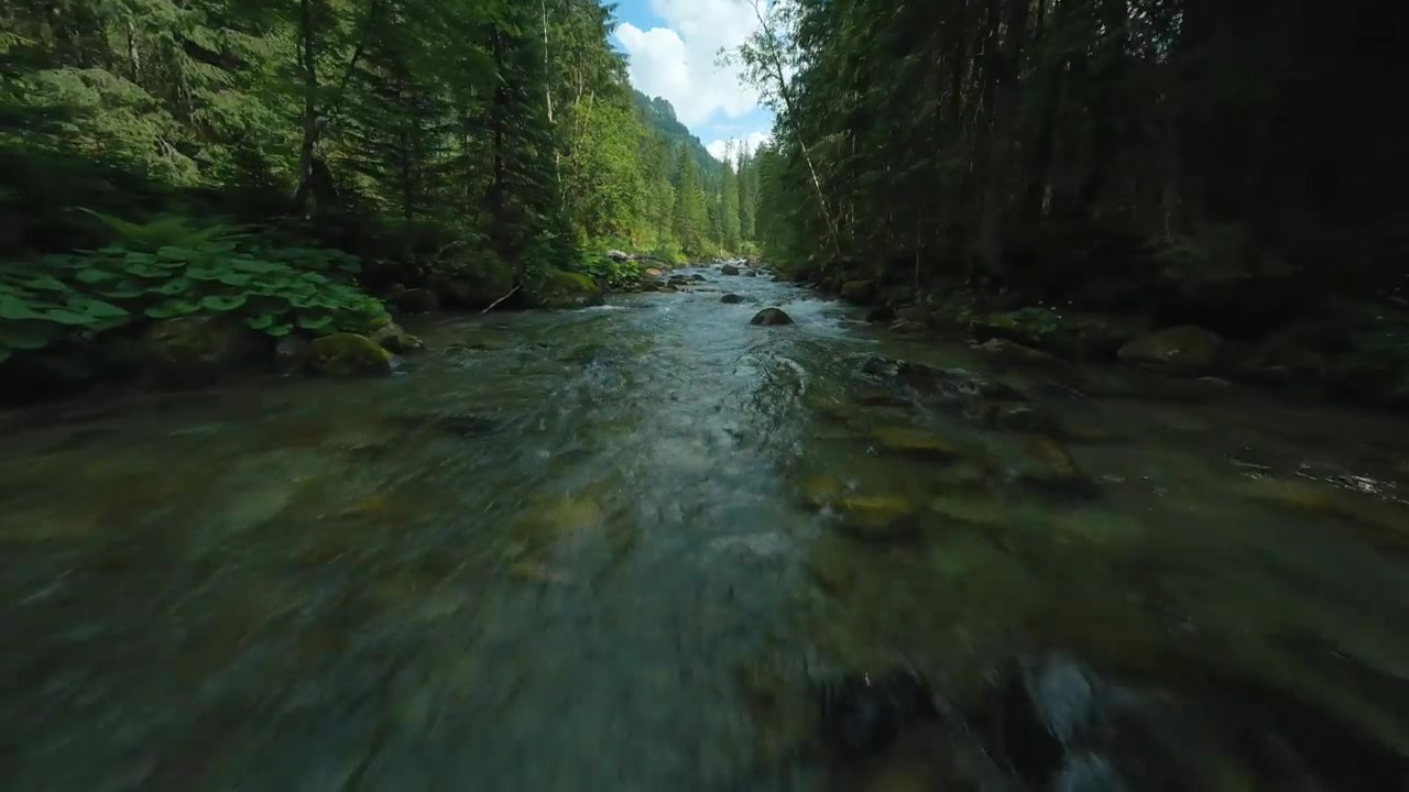 FPV穿越机飞越山间河流。拍摄于斯洛伐克塔特拉山。视频素材画面2