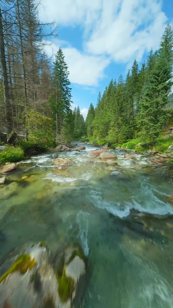 FPV穿越机飞越山间河流。拍摄于斯洛伐克塔特拉山。视频素材画面1