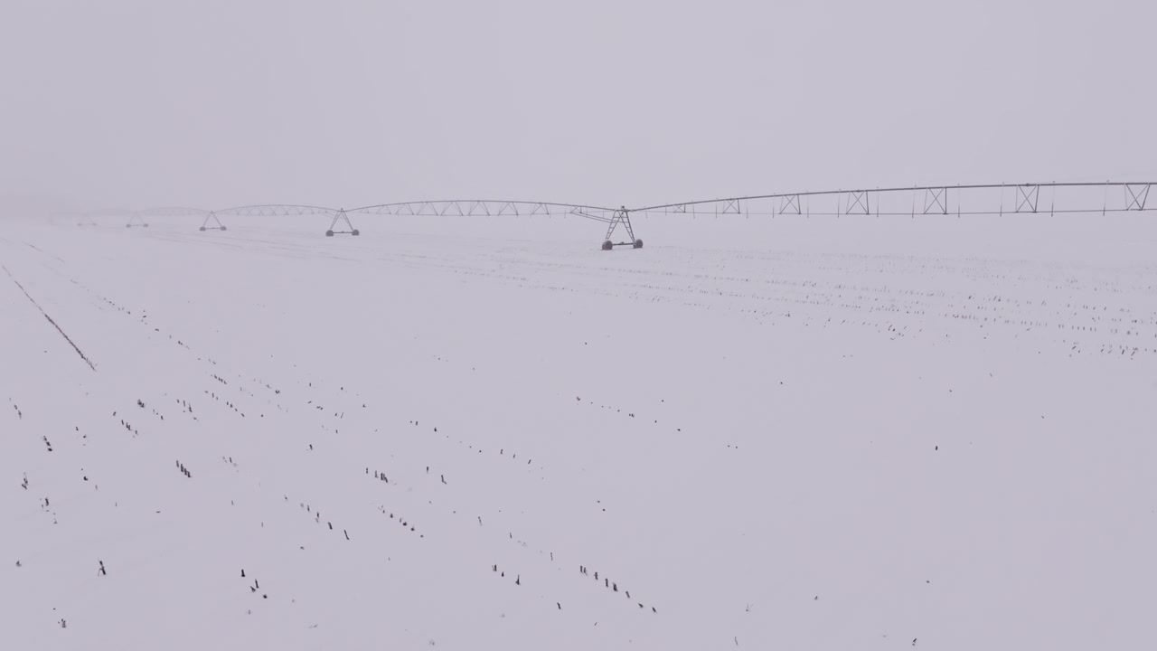 冬季，灌溉中心支轴系统矗立在雪后的农田里视频素材画面1
