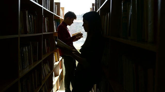 剪影大学生在图书馆的书架之间交谈视频素材