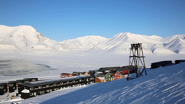 小镇朗伊尔城在挪威斯瓦尔巴特群岛的雪山中视频素材