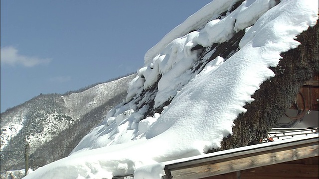 日本Gifu白川市Gasshozukuri屋的茅草屋顶(茅草屋顶是为了防止积雪堆积而建造的)视频素材