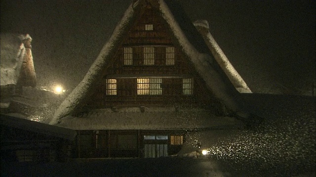 从狭小的窗玻璃中缩小到大雪中的Gasshozukuri屋，岐阜白川视频素材