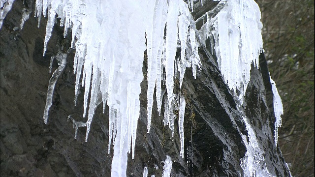 水从冰冻的Shiouji瀑布滴落在日本的远山。视频素材