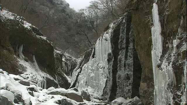 冰冻的瀑布线悬崖上的unyu山谷在奥日，日本。视频素材