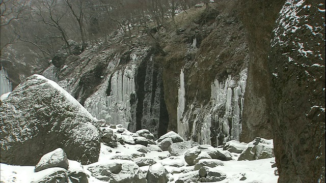 雪覆盖岩石附近的一个冻结的瀑布在unyu山谷在奥日，日本。视频素材