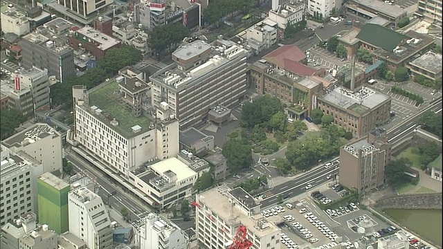 日本山梨县办公大楼旁的街道上交通繁忙。视频素材