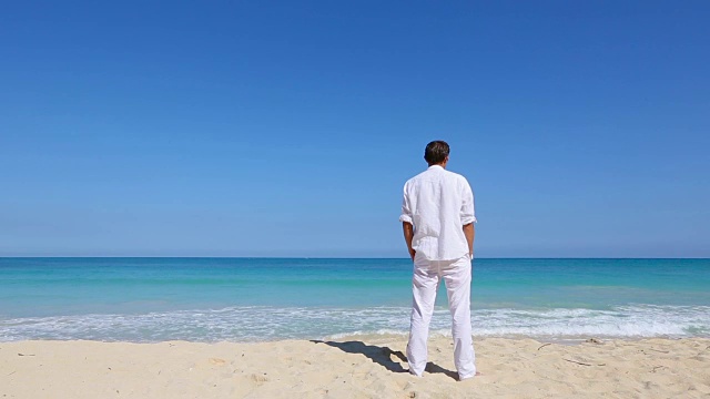 年轻人望着大海在海滩度假旅游的概念视频素材