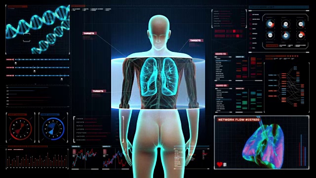 旋转人体女性肺，肺诊断数字显示。视频素材