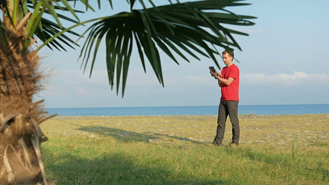 岩石海滩上的那个人。在前景的棕榈树。男人正看着平板右边的路视频素材