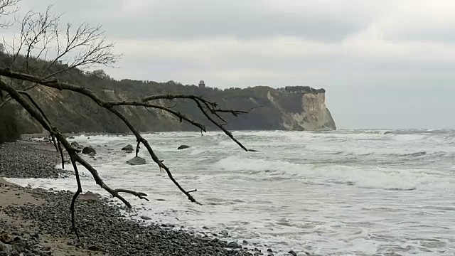 波罗的海沿岸的阿科纳角海滩景观。白垩崖和黑刺李丛。(德国梅克伦堡- vorpommern)鲁根岛。视频素材