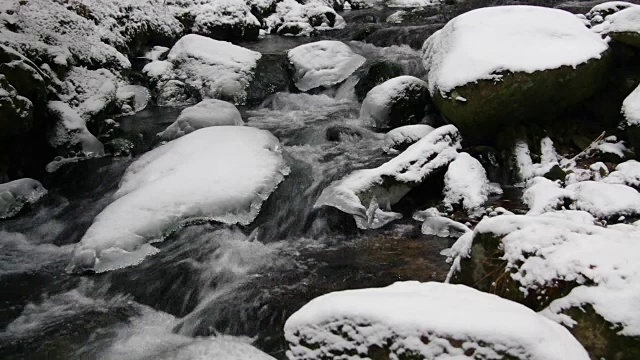 这条小溪在冬天在大山中穿行视频素材