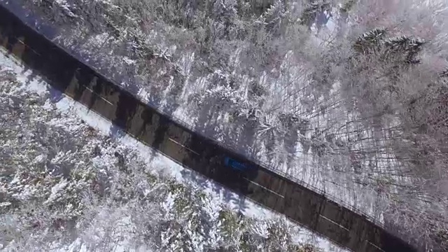 摄影:在白色的冬天，汽车行驶在落叶和针叶林的道路上视频素材画面1
