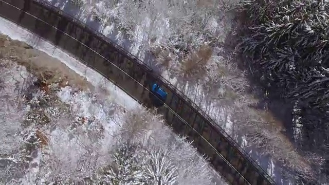 摄影:在白色的冬天，汽车行驶在落叶和针叶林的道路上视频素材画面3