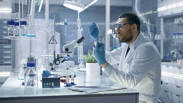 在一个现代实验室研究科学家通过在试管中使用滴管和植物合成化合物进行实验。视频素材画面2