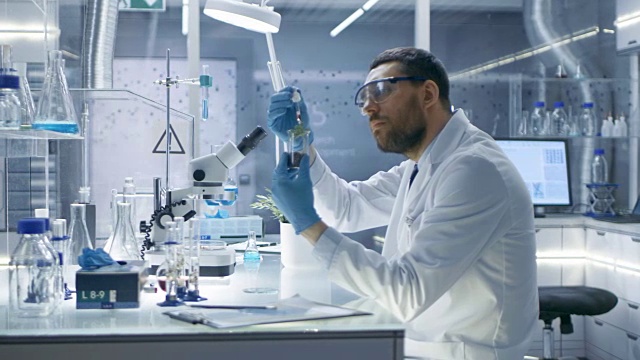 在一个现代实验室研究科学家通过在试管中使用滴管和植物合成化合物进行实验。视频素材画面4