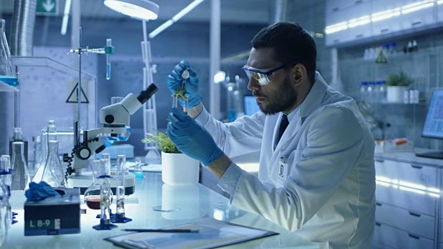在现代实验室研究中，科学家用有机材料进行实验。他用吸管把肥料滴进装有植物的试管中。视频素材画面1