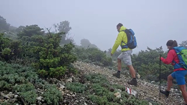 一群在浓雾中爬山的徒步旅行者视频素材