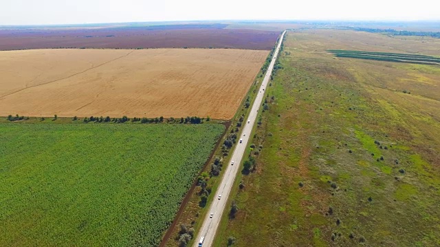 天线:高速公路穿过农田，有各种农业作物类型视频素材画面1