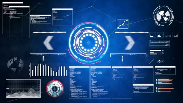 4K动画HUD和图形栏pi的数字未来概念技术元素在黑暗的背景视频素材