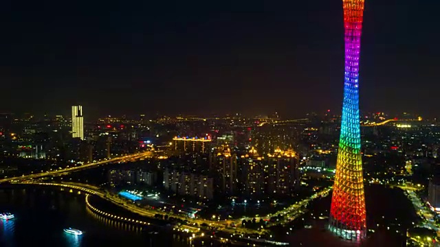 中国夜间照明时间著名的广州市广州塔顶航拍全景，4k时间间隔视频素材