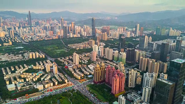 中国深圳市景日落天空市中心航拍全景4k时间间隔视频素材