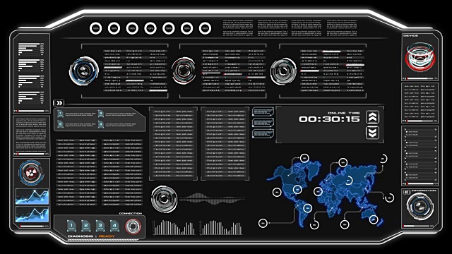 4K动画UI用户界面与数据HUD pi条文本框表格和元素在黑暗抽象背景的未来技术概念视频素材