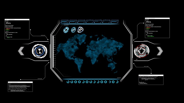 4K动画UI用户界面与地图数据HUD pi条文本框表格和元素在黑暗抽象背景的未来技术概念视频素材