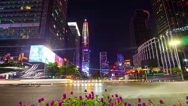 夜深圳交通十字路口花全景4k时间中国视频素材