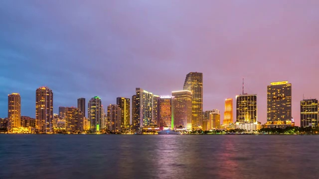 特写:日落时间流逝在迈阿密市中心滨水区，佛罗里达。美国视频素材